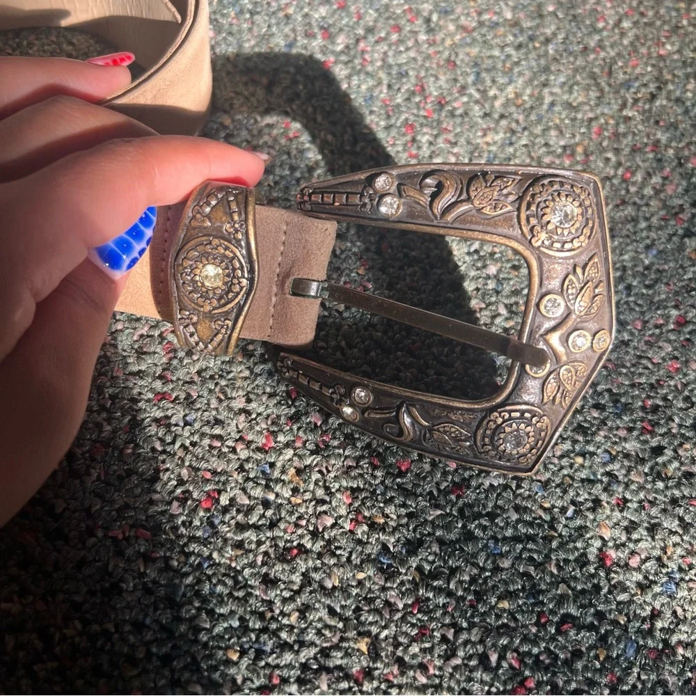 Big Buckle Brass Country Ranch Western Style Tan Suede Thick Belt Accessory L-XL